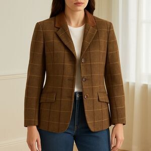 Talbots Collection Wool Tweed Windowpane Blazer Brown Tan Size 10 Suede Collar